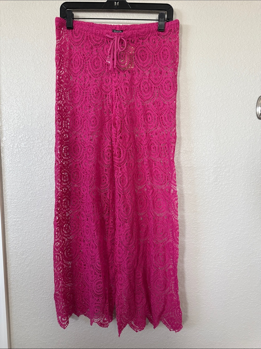 Crochet Lace Swim Coverup Pants in Fuchsia Queen Pink with Drawstring Waist